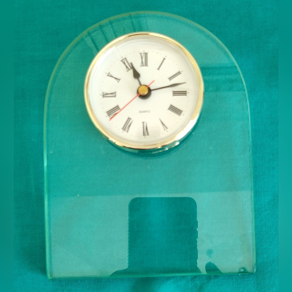 Glass Clock Arched Gold Tone W Acrylic Base
